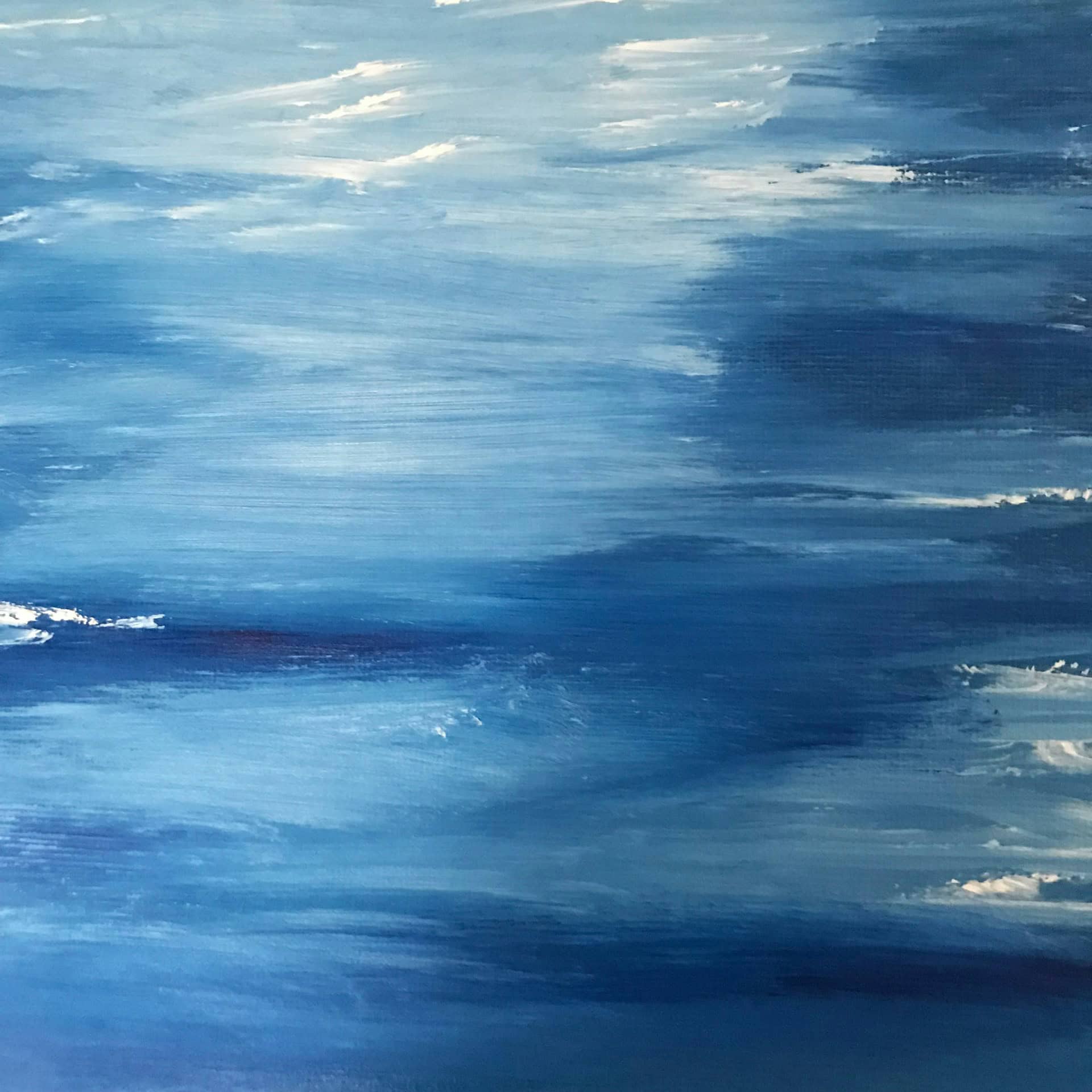 Abstract, large horizontal brushstrokes of deep blue, sky blue, and white paint.