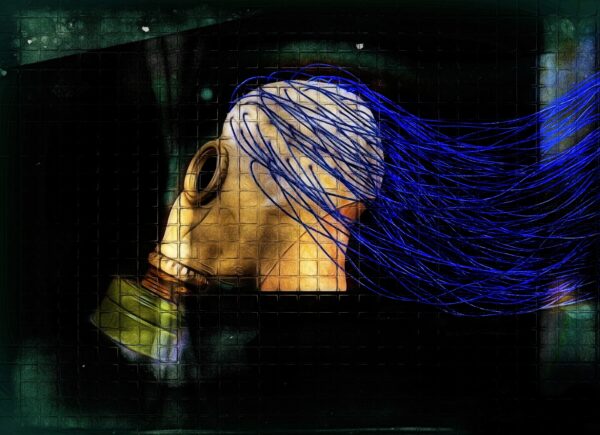 A head with gas mask, with blue wires connecting to the skull.