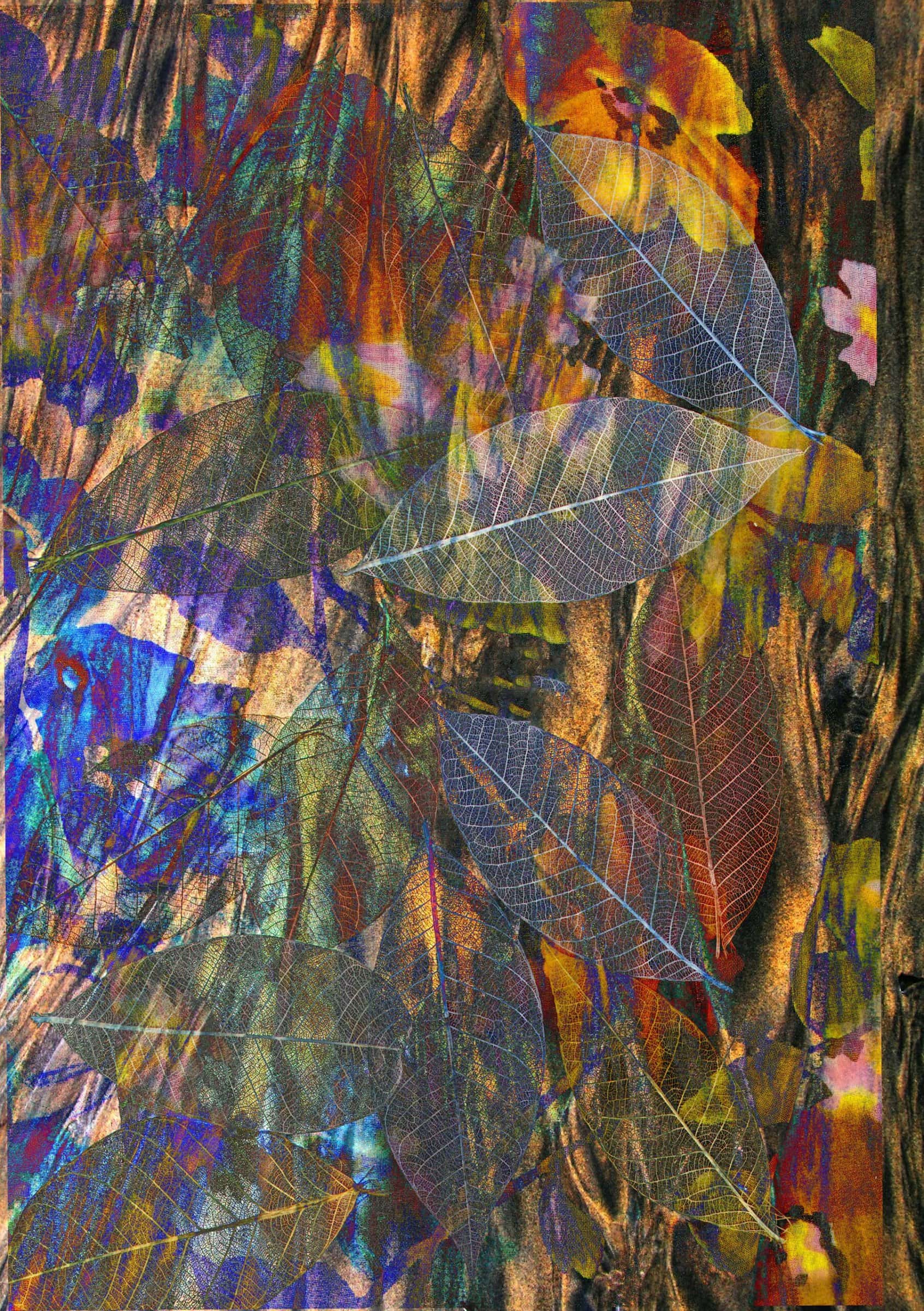 Richly colored and patterned abstract image with skeleton leaves and flowers in background.