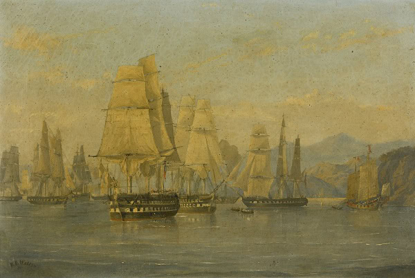A painting with beige colors of sailboats