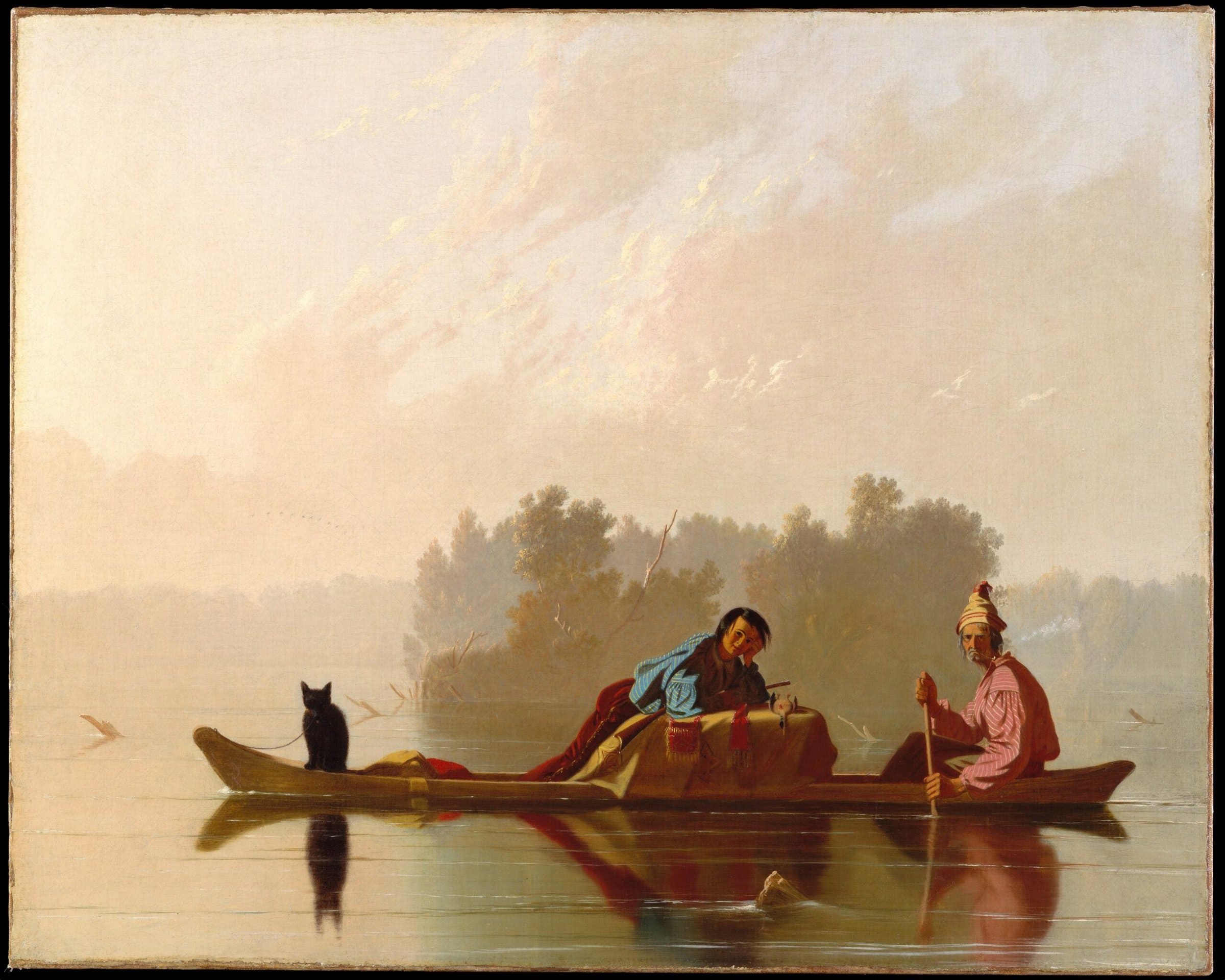 Painting of two men in a canoe on a river. The man in the center lounges while the man in the back paddles. A black cat sits in the bow.