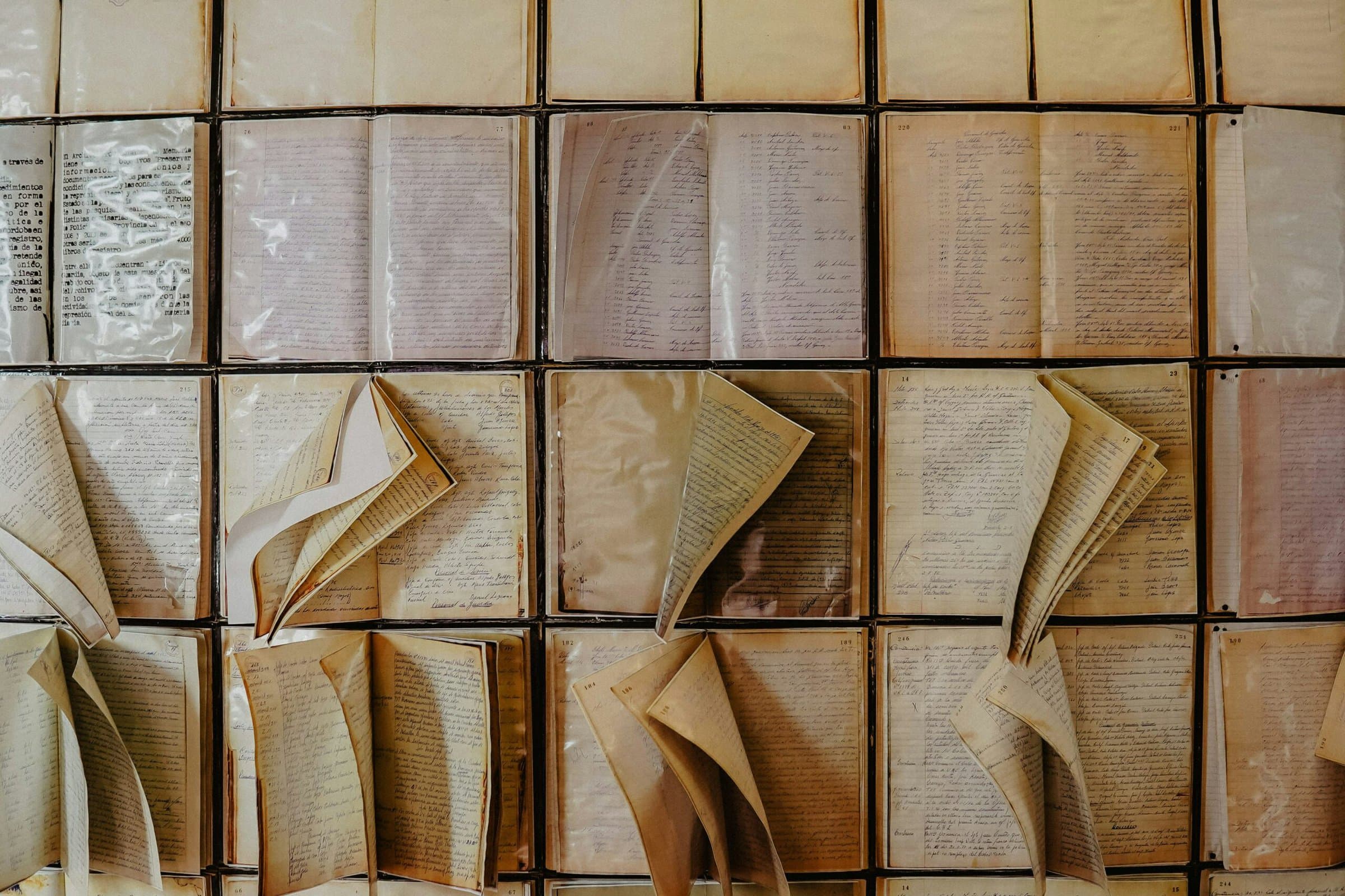 Four rows of open, yellowed books with handwriting on them. Some have pages turned partway.