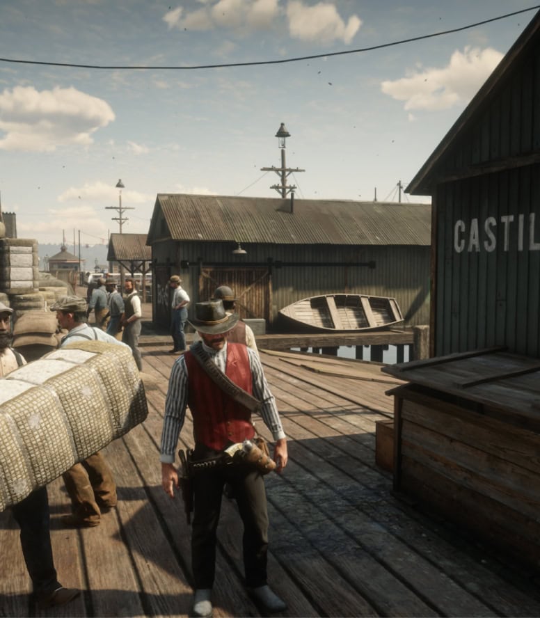 Screenshot of the character Arthur Miller on a dock, from the video game Red Dead Redemption II.