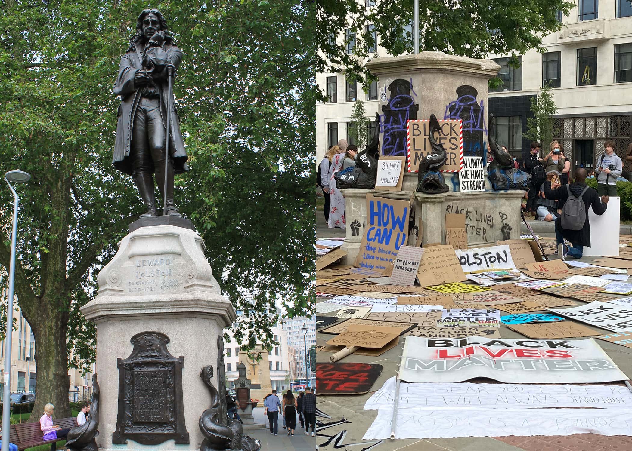 A photo of the Edward Colston statue standing upright combined with a photo of the statue's pedestal covered with Black Lives Matter signs